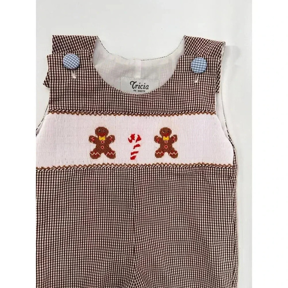 Tricia Holiday Smocked Gingerbread Men Candy Cane Overalls Brown Gingham 3 Month - Picture 3 of 13